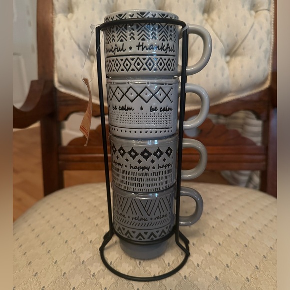 Four Boho Contrasting Patterns Espresso Cups Metal Stand - Picture 1 of 11